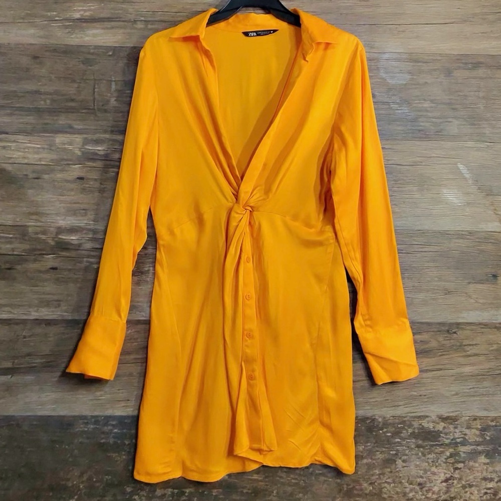 Zara Long Sleeve Knot-Front Dress in Vibrant Yellow-Orange